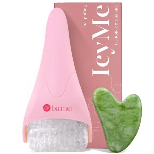 BAIMEI IcyMe Ice Roller for Face and Gua Sha Facial Tool Set, Ice Face Roller Reduces Puffiness Relieves Migraines Skin Care Tools, Self Care Gift for Women – Pink
