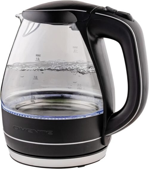 OVENTE Electric Kettle, 1.5L Borosilicate Glass Countertop Water Heater and Boiler for Coffee or Tea, BPA-Free, Auto Shut-Off, Boil-Dry Protection, Removable and Washable Spout Filter, Black KG83B