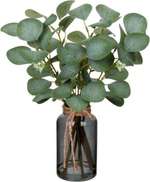 Briful Artificial Eucalyptus Stems in Black Glass Vase with Faux Water, 14″ Fake Plant Eucalyptus Leaves for Home Office Farmhouse Wedding Centerpiece Décor