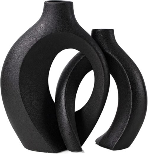 Levvohd Black Hollow Ceramic Vase Set of 2, Snuggle Round Boho Donut Modern Vase Nordic Minimalist Decorative Vase for Modern Trendy Home Table Centerpiece Decor (W 6.3″ X H 8″)