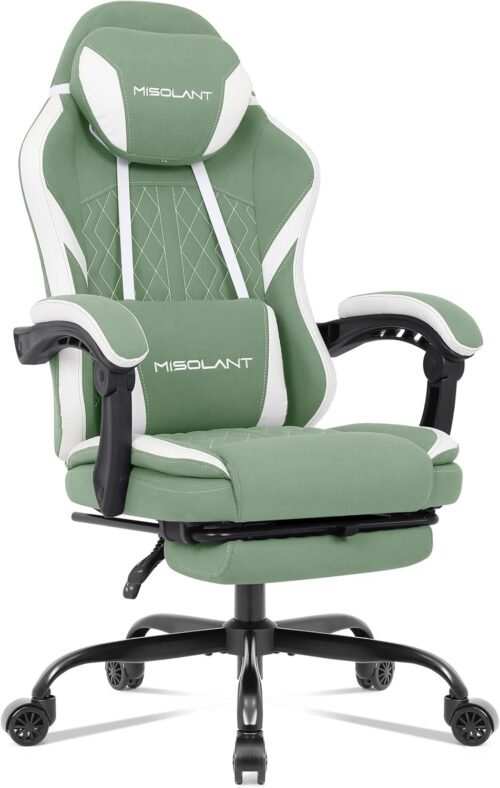 Misolant Gaming Chair, Fabric Gamer Chair with footrest for Adults, High Back Ergonomic Computer Game Chair with Adjustable Headrest and Massage Lumbar Support, 90-155° Recline Free, Green