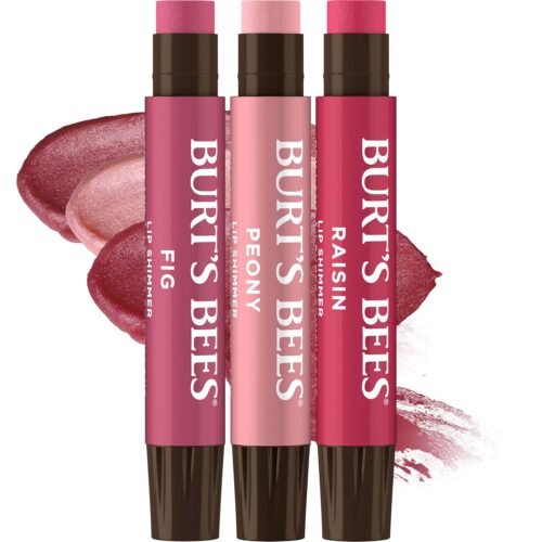 Burt’s Bees Christmas Gifts, Lip Shimmer Nude Collection, Tinted Lip Balm Stick, Moisturizing for Hydration with Natural Glowy Pigmented Finish & Buildable Color, Value Pack, 3 Tubes x 0.09 Oz