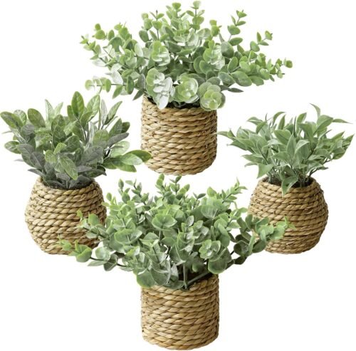 Small Fake Potted Plants: 7 Inches Artificial Plants with Seagrass Handwoven Planters, Indoor Farmhouse Decorations, Eucalyptus Plant for Home Bathroom Office Shelf Tabletop Desk Room Decor or Gift
