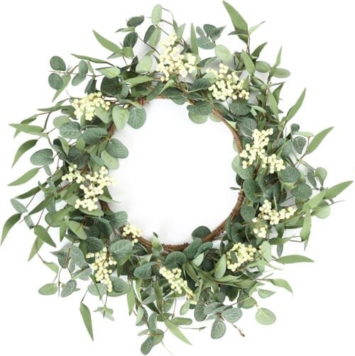 Pinkpum 20” Eucalyptus Wreath for Front Door, Porch, Window – Green Decor for Home, Farmhouse – Spring, Summer, Fall, All Seasons