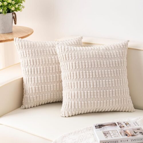 Pack of 2 Corduroy Decorative Throw Pillow Covers 18×18 Inch Soft Striped Pillow Covers Modern Farmhouse Home Decor for Sofa Living Room Couch Bed(Cream White)