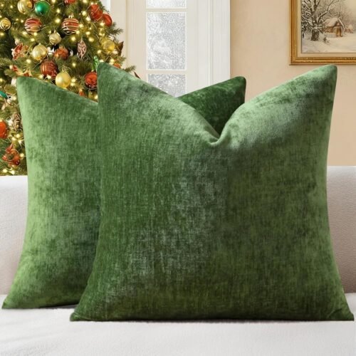 decorUhome Chenille Moss Green Christmas Throw Pillow Covers 18×18 Inch Set of 2, Decorative Soft Couch Pillow Covers Solid Dyed Accent Farmhouse Neutral Square Pillow Cases for Sofa