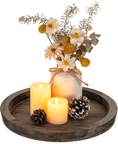 Hanobe Wooden Tray for Coffee Table: Candle Holder Plate Round Decorative Serving Tray – Vintage Table Centerpiece Rustic Farmhouse Home Decor