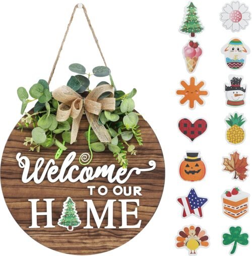 Interchangeable Seasonal Welcome Sign Front Door Decoration, Rustic Round Wood Wreaths Wall Hanging Outdoor, Farmhouse, Porch, for Spring Summer Fall All Seasons Holiday Halloween Christmas.